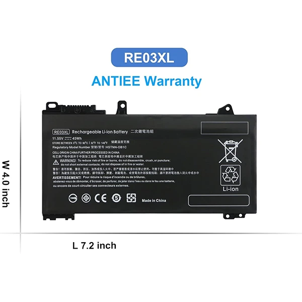 Batterie pour HP ProBook 430/440/445/450/455R G6 & G7 et ZHAN 66 Pro 13/14/15 G2-G3, Li-ion RE03XL 45Wh